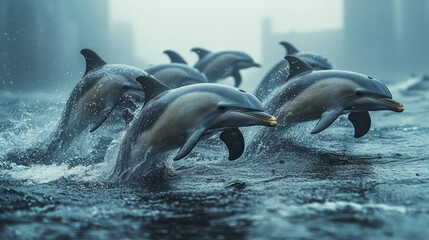 Obraz premium Pod of dolphins leaping from ocean waves in misty harbor.