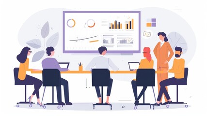 Team meeting around a conference table with a presentation screen