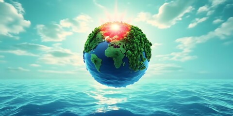 Naklejka premium Lush green earth floating in the sky with sunlight casting over the ocean.