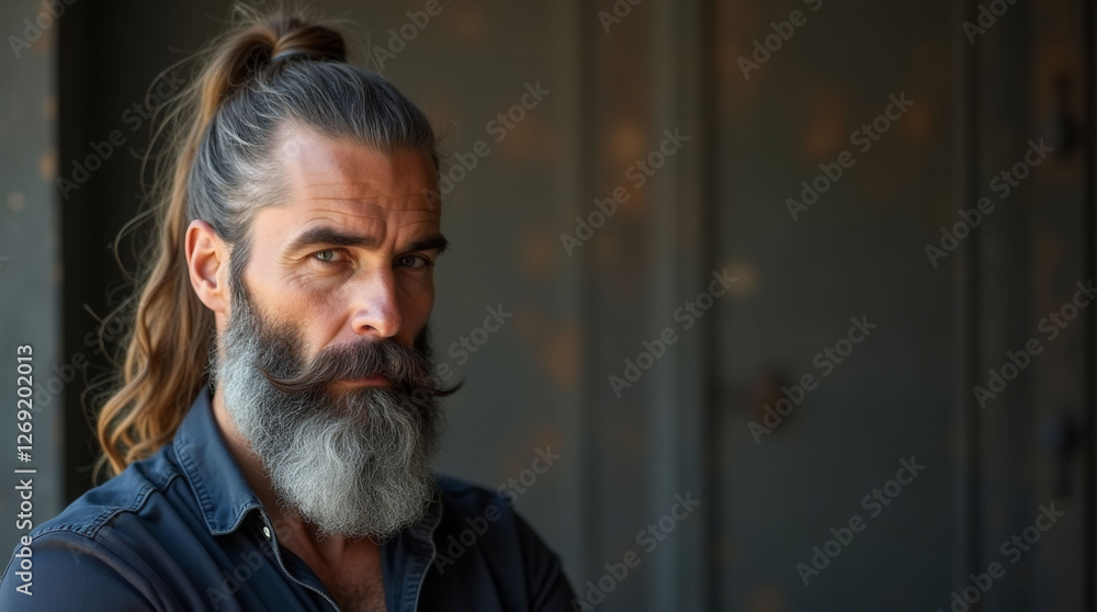 Poster a man with a long ponytail and a beard is standing in front of a wall. he has a serious expression o