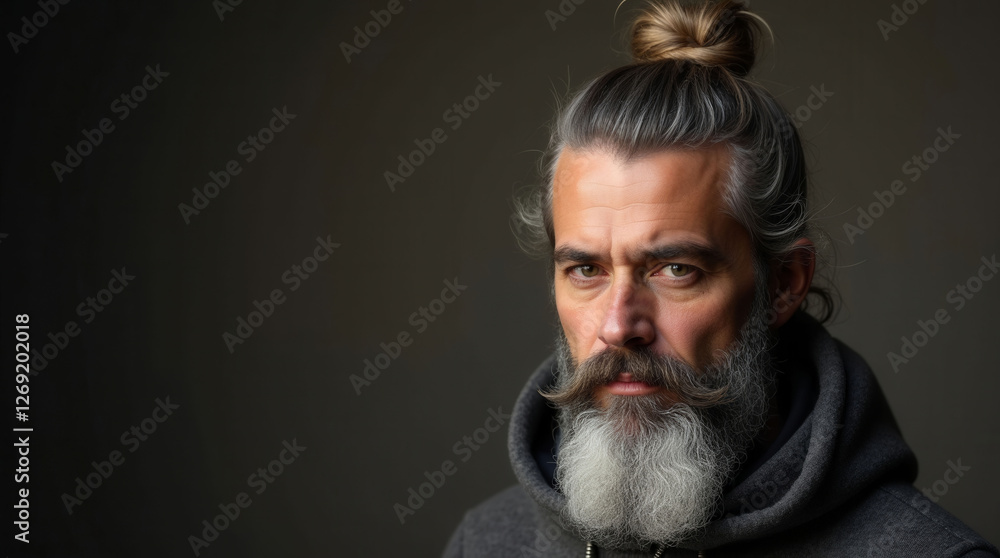 Poster a man with a long ponytail and a beard is standing in front of a wall. he has a serious expression o