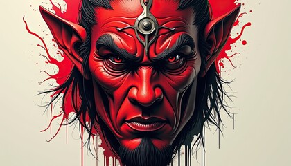 HighResolution Digital Painting: Red Demon with Beard and Metal Forehead Against White Background. A digital artwork of a demonic face with red paint splatters.
