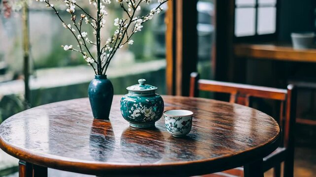 Beautifully arranged table with tea and flowers in a cozy interior setting