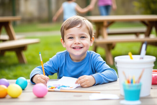 Young child at table painting with Easter eggs and craft supplies