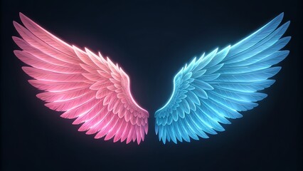 Fototapeta premium Neon Pink and Blue Wings Digital Art, Feather Detail, Angelic Concept, 3D Render, Wings, Fantasy Neon Wings, Digital Art