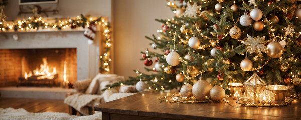 "Create a warm and festive atmosphere with this beautifully decorated Christmas scene featuring a glowing fireplace and an elegant holiday tree. Perfect for seasonal promotions, holiday cards, or cozy