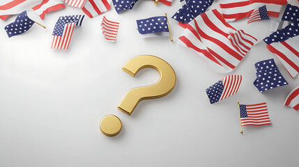Gold Question Mark Among Scattered American Flag Fragments on White Background