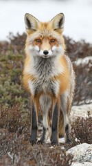 Red fox standing, winter landscape, wildlife portrait, nature poster