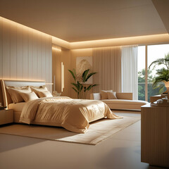 A luxurious modern bedroom with soft ambient lighting, plush bedding, and sleek furniture in warm beige tones q2