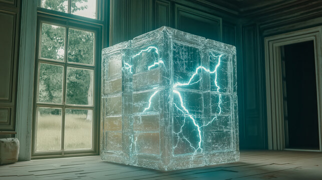 Mysterious Glowing Cube: Energy radiates within a grid-like structure in an old room.