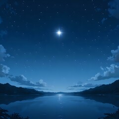 The image portrays a serene night sky with a bright star above a calm lake, where a solitary boat rests at the bottom.