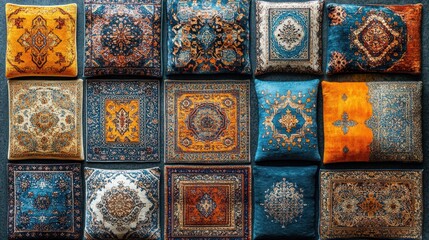Colorful patterned throw pillows arranged on a wall.