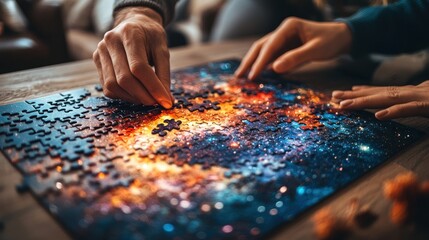 Naklejka premium Close-up of two hands assembling a colorful space-themed jigsaw puzzle on a wooden table.