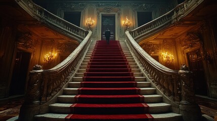 Obraz premium Man ascending grand, ornate staircase with red carpet in opulent palace.