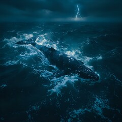 Naklejka premium A dramatic photograph captures a massive whale thrashing through tumultuous ocean waves under a dark, stormy sky, with a bolt of lightning striking in the background.