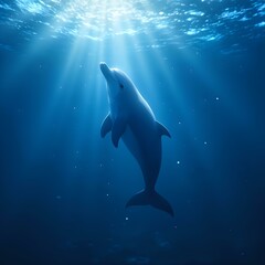 Obraz premium A digital illustration depicts a dolphin swimming in the ocean, surrounded by water and sunlight, with rays of light bursting from the top left.