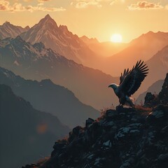 The image captures a majestic eagle in flight against a backdrop of snow-capped mountains at sunset, its wings spread wide.