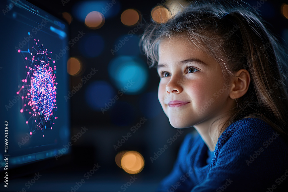 Poster young girl gazes at computer screen displaying colorful network graph