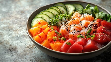 Vibrant poke bowl with salmon, tuna, rice, cucumber, and sesame seeds.