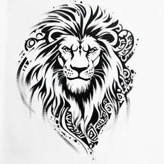 Fototapeta premium Fierce lion head with elaborate design, symbol of strength, displayed on white background, ideal for illustration use