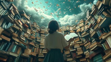 Woman surrounded by books, reading amidst a swirling sky of books.