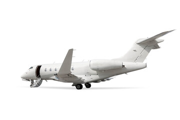 White luxury corporate aircraft with an opened gangway door isolated