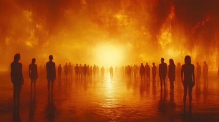 Silhouetted figures stand before a fiery, apocalyptic landscape, reflecting in a glowing, orange water.