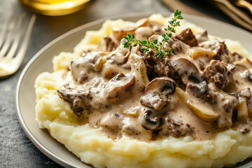 Plate of homemade beef stroganoff with creamy mushroom sauce and tender beef, served over buttery mashed potatoes and garnished with fresh thyme, presented on a modern dark plate