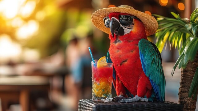 Scarlet macaw parrot wearing sunglasses and a straw hat enjoys a tropical drink at an outdoor cafe.