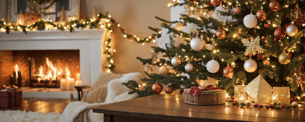 "Create a warm and festive atmosphere with this beautifully decorated Christmas scene featuring a glowing fireplace and an elegant holiday tree. Perfect for seasonal promotions, holiday cards, or cozy