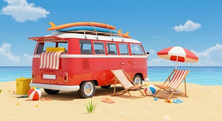 Preparándose para los viajes de verano. Furgoneta con tumbonas y accesorios de playa 3D, ilustración 3D