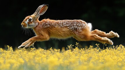 Obraz premium Brown hare leaping across vibrant yellow wildflowers.