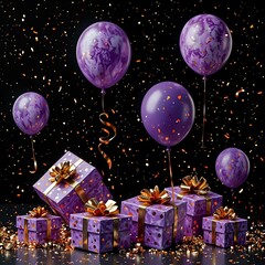 The image showcases a festive scene with purple gift boxes adorned with gold polka dots and bows, floating amidst purple balloons with gold confetti falling around them against a dark backdrop.