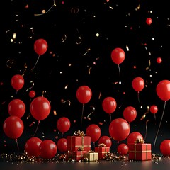 A festive scene with numerous red balloons floating against a black background, surrounded by gold confetti, and a few wrapped gifts.