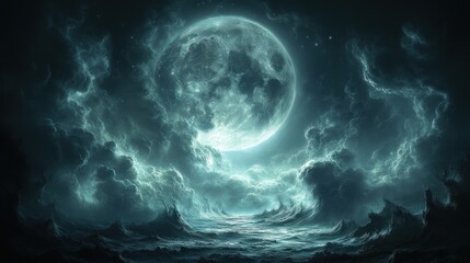 Eerie full moon over dark, stormy sea with ominous clouds and rocky landscape.