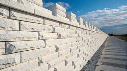 White Stone Wall: A long, low white stone wall, reminiscent of a castle, stretches into the distance under a bright blue sky. The texture of the stone is rough and uneven, adding visual interest.