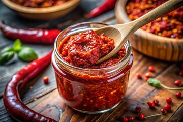 Spicy Moroccan Harissa Paste in Glass Jar with Wooden Spoon