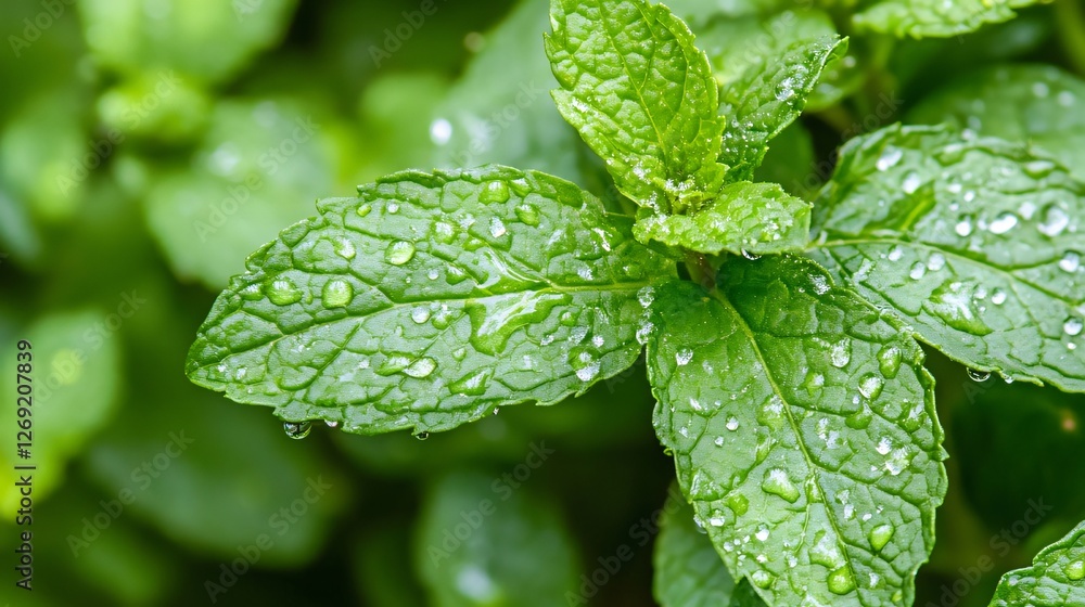 Poster close-up high-resolution image of mint leaves with morning dew showing sharp veins and texture