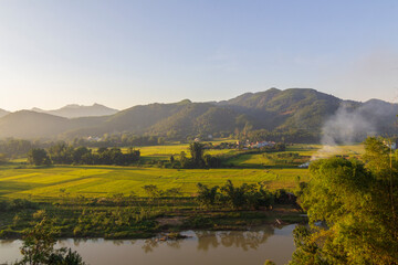 Panoramic image of Binh Lieu mountains area in Quang Ninh province in northeastern Vietnam. This is...