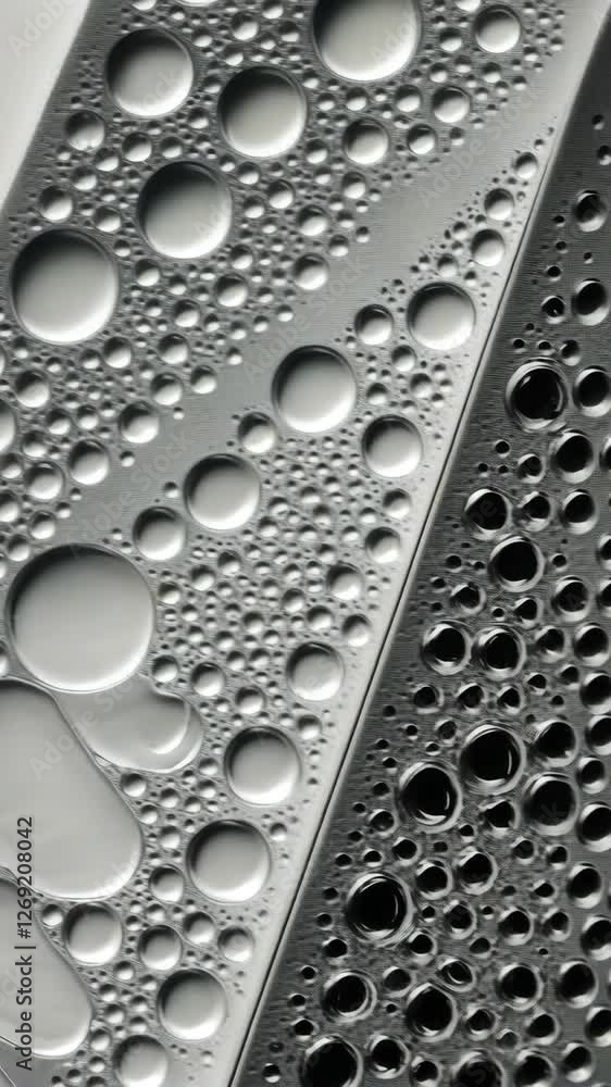 Poster close-up view of water droplets on a textured surface revealing patterns and contrasts in black and 