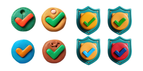 Colorful Checkmarks on Shields and Badges, PNG collection, set bundle, isolate on transparent or white background