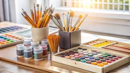 Obraz premium A colorful assortment of art supplies, featuring brushes, paints, and pencils in a sunlit workspace.