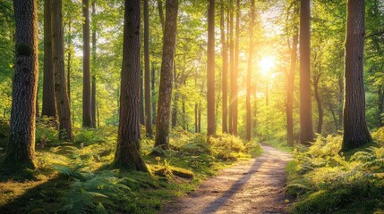 Fototapeta premium Sunlit Forest Path, A Tranquil Escape into Nature's Embrace