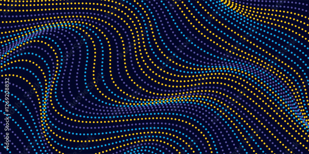Poster seamless geometric pattern with wavy dotty lines. rippled vertical waves with small multicolored cir
