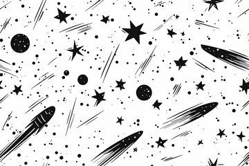 Stars, comets, and constellations, simple space-themed seamless pattern.