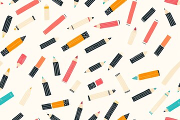 Obraz premium School supplies including pencils, erasers, and notebooks, simple seamless pattern.