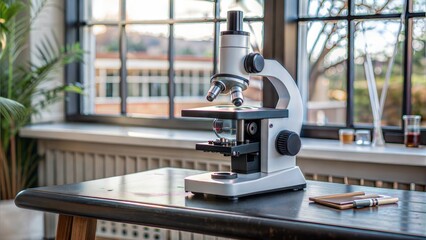 Fototapeta premium A modern microscope on a wooden table, surrounded by natural light and greenery, ideal for scientific exploration.
