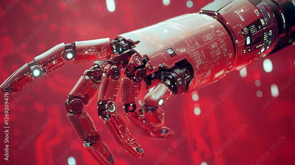 Poster hand of a futuristic robotic arm showcasing intricate designs and glowing elements in a shimmering r