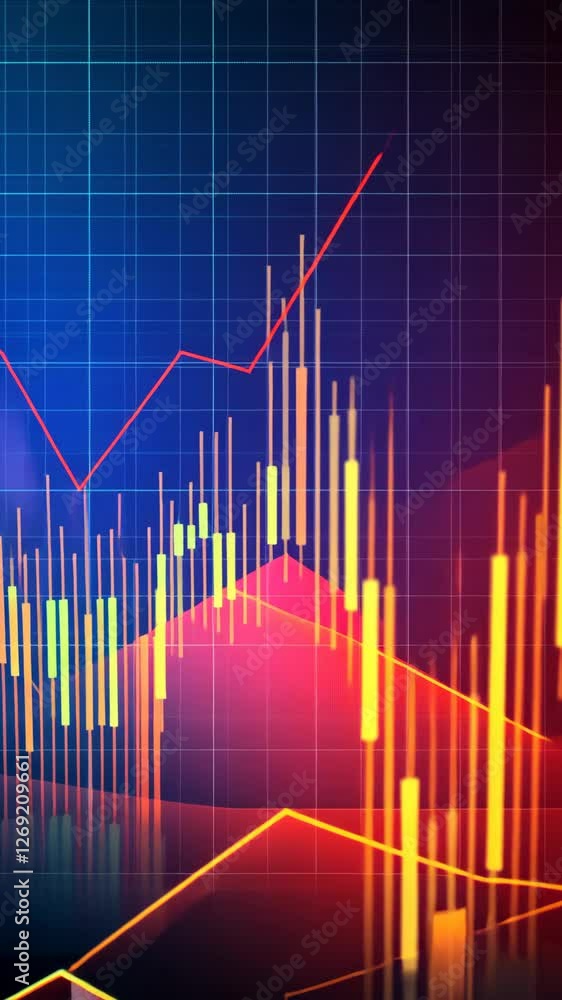 Poster visual representation of fluctuating market trends with colorful candlestick charts and graph lines 