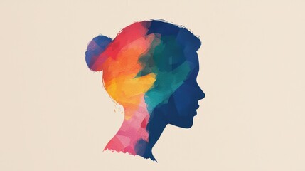 A colorful silhouette of a woman"s profile, blending vibrant hues in a watercolor style against a light background.
